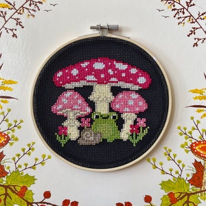 Frog, Snail and Mushroom Cottagecore Cross Stitch Pattern PDF for Beginners