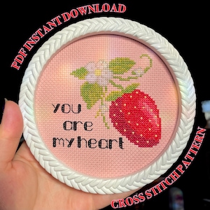 May include: A pink cross stitch pattern with a white frame. The pattern features a red strawberry with green leaves and a white flower. The text "You are my heart" is stitched in black.