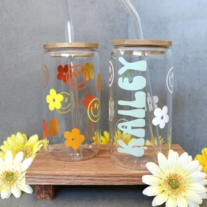 Colorful Smiley Personalized Glass Cup, Daisy Personalized Glass Cup, Color Glass Cup, Colorful Personalized Cup, Birthday gift