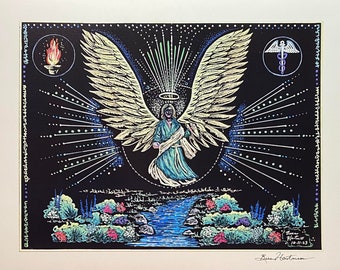 Archangel Raphael Light Language Art Signed Print 11 x 14 Light Codes Drawing Activation Caduceus Healing Angel
