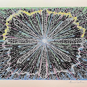 May include: A black and white abstract drawing with a burst of colour in the centre. The colours are yellow, green, blue, pink, and red. The drawing is on a white background and is signed "Bruce Hattem" in the bottom right corner.