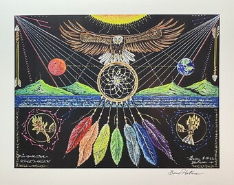 War and Peace Eagle Dream Catcher Light Language Art Signed Print 11 x 14 Light Codes Starseed Native American