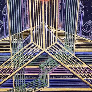 May include: Abstract geometric art drawing in black, gold, green, purple, and blue on a black background. The drawing features a central point with lines radiating outward. The artist's signature, "Becca Hartman", is in the bottom right corner.