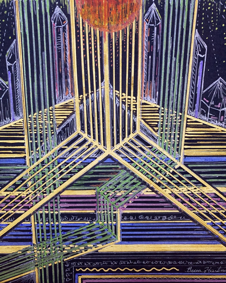 May include: Abstract geometric art drawing in black, gold, green, purple, and blue on a black background. The drawing features a central point with lines radiating outward. The artist's signature, "Becca Hartman", is in the bottom right corner.