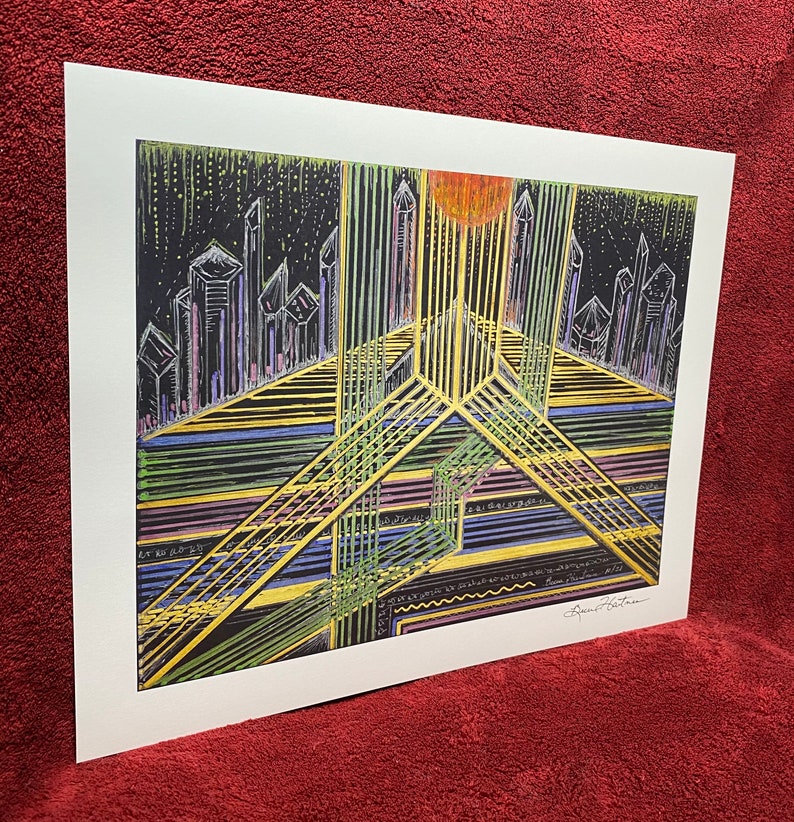 May include: A black and white abstract art print with a cityscape and geometric lines in shades of yellow, green, blue, and purple. The print is signed "Brent Sutphin 1973".