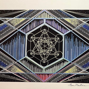 May include: A black and white geometric art print with a colorful geometric design in the center. The design features a star within a circle, surrounded by a hexagon. The print is signed "Ben Hartman 8-6-19".