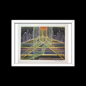 May include: A framed abstract art print with a black background and a colorful geometric design. The design features a central sun with radiating lines and a cityscape in the background. The print is signed "Spencer Roberts" in the bottom right corner.