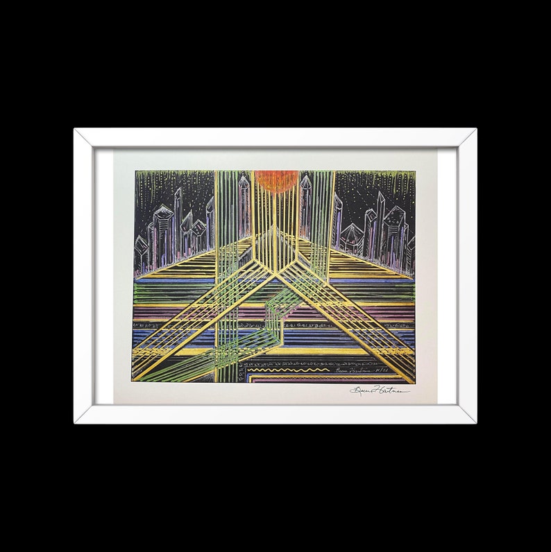 May include: A framed abstract art print with a black background and a colorful geometric design. The design features a central sun with radiating lines and a cityscape in the background. The print is signed "Spencer Roberts" in the bottom right corner.