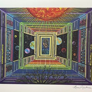 May include: A colorful, abstract painting depicting a room with a ceiling made of a glowing sun and a figure in a frame. The walls are lined with geometric patterns and the room is filled with stars and planets. The painting is signed "Dean Hartman 7-14-21".
