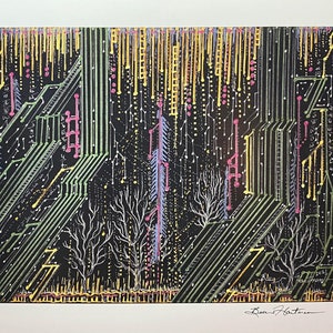 Może przedstawiać: Abstrakcyjny rysunek czarno-biały płytki drukowanej z kolorowymi liniami i kropkami. Rysunek jest oprawiony i podpisany przez artystę, "Bruce Hartline".