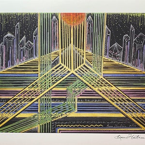 Może przedstawiać: Czarno-biały rysunek panoramy miasta z słońcem w tle. Rysunek wykonany jest w stylu geometrycznym z liniami i kształtami. Podpis artysty znajduje się w prawym dolnym rogu.