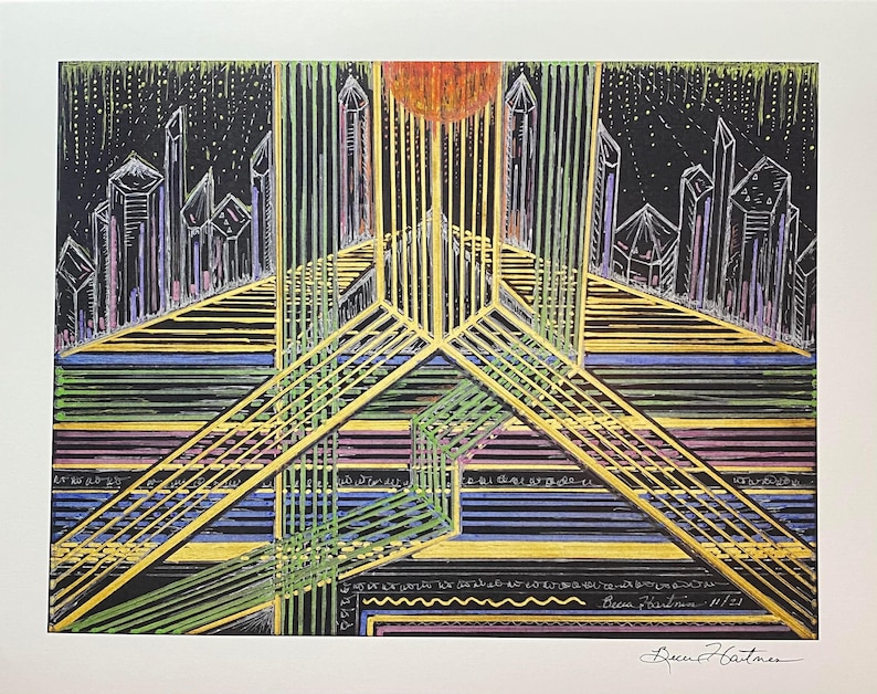 May include: A black and white drawing of a city skyline with a sun in the background. The drawing is done in a geometric style with lines and shapes. The artist's signature is in the bottom right corner.