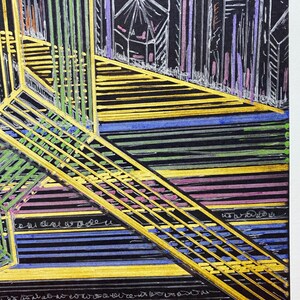 May include: A black and white drawing of a city skyline with gold, green, blue, and purple accents. The drawing is signed "Becca Hartmos 11/21".