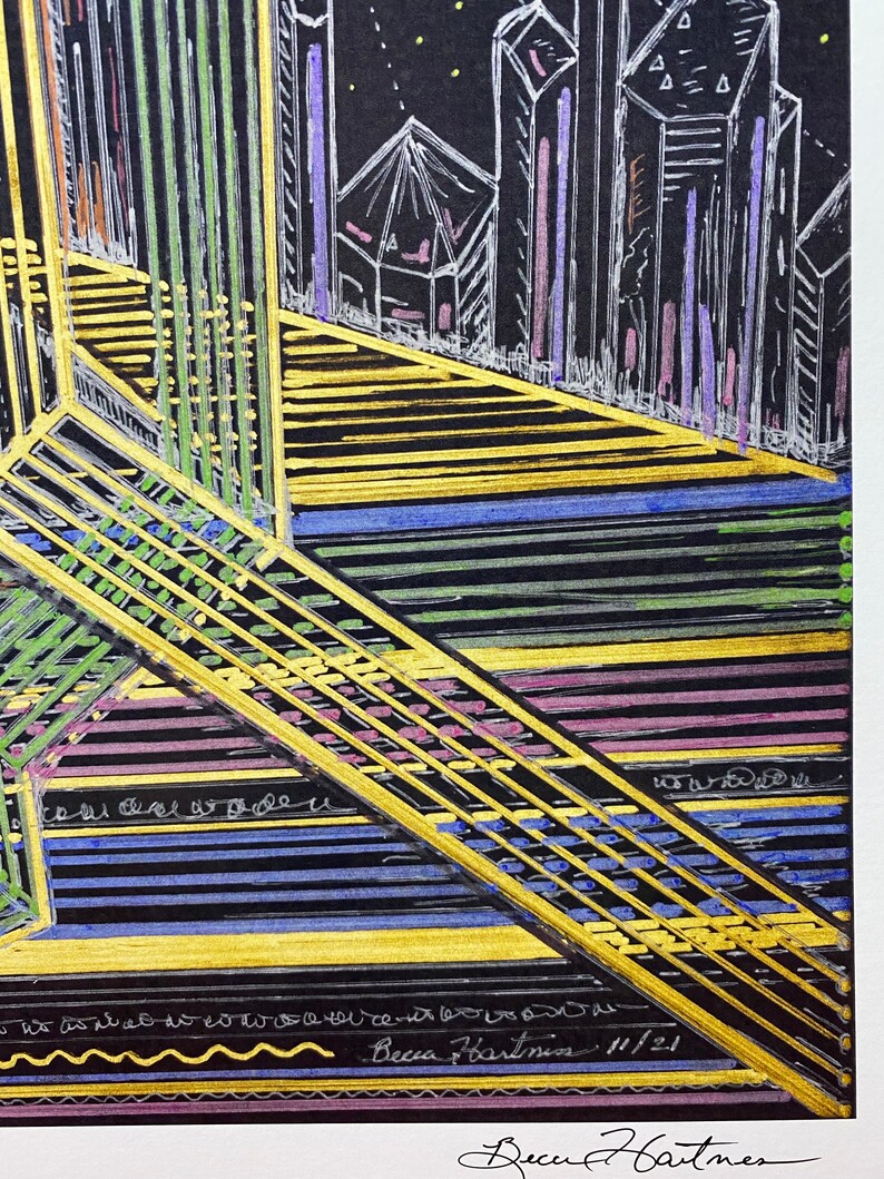 May include: A black and white drawing of a city skyline with gold, green, blue, and purple accents. The drawing is signed "Becca Hartmos 11/21".
