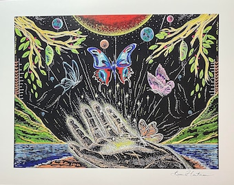 Spiritual Awakening Butterfly Drawing Light Language Art Signed Print 11 x 14 Light Codes Starseed DNA Activation Transformation