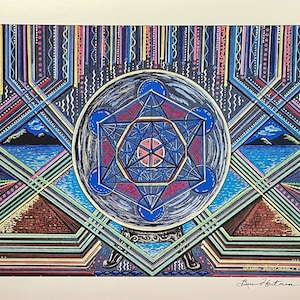 May include: A colorful abstract geometric art print with a blue, red, and gold geometric design in the center. The design is surrounded by a black background with colorful lines and patterns. The print is signed "Bruce Hartman" in the bottom right corner.