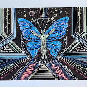 May include: A black and white digital art print of a butterfly with a human figure inside. The butterfly is blue and pink with black outlines. The background is black with white and yellow lines.