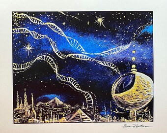 Galaxy Outer Space Golden DNA Activation Drawing Light Language Art Signed Print 11 x 14 City of Light Codes