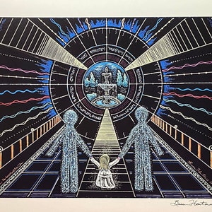 May include: A black and white abstract art print with a central circular design featuring a fountain and a path leading to it. Two figures are walking towards the fountain, holding hands with a smaller figure in the middle. The print has a geometric design with lines and shapes in various colors, including blue, red, and yellow.