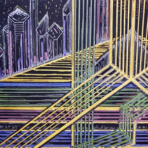 May include: Abstract geometric art with a black background and gold, green, blue, and purple lines. The lines create a pattern of overlapping squares and rectangles, creating a sense of depth and dimension.