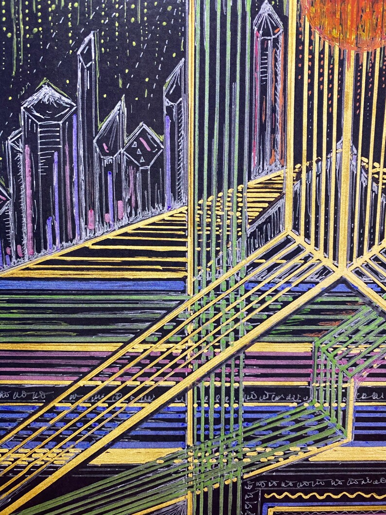 May include: Abstract geometric art with a black background and gold, green, blue, and purple lines. The lines create a pattern of overlapping squares and rectangles, creating a sense of depth and dimension.