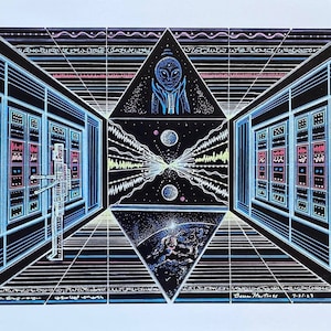 May include: Geometric artwork featuring a symmetrical design with a central triangular element depicting an alien figure. The artwork uses black, blue, pink, and white lines to create a futuristic, space-themed composition. The artist's signature and date are visible.