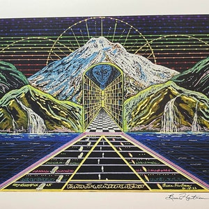 May include: A psychedelic art print featuring a mountain with a glowing portal, surrounded by green hills and waterfalls. The scene is set against a dark blue sky with a rainbow of colors. The text "Green Mountain" is signed in the bottom right corner.