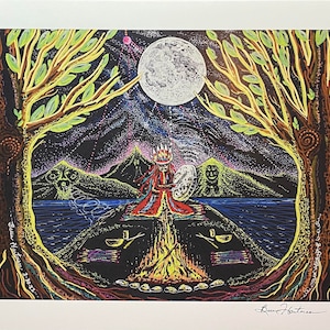 May include: A colorful, abstract painting depicting a figure playing a drum in a mystical forest setting. The painting features a full moon, trees, and a fire. The artist's signature is visible in the bottom right corner.
