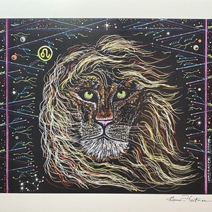 Lion&#39;s Gate Leo Lion Activation Drawing Light Language Art Signed Print 11 x 14 Light Codes Starseed Cosmic Energy