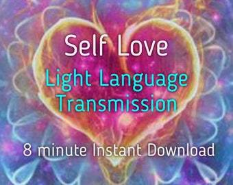 Op de afbeelding: Een levendige afbeelding van een hart met een gloeiende, veelkleurige aura. Het hart heeft de woorden "Self Love Light Language Transmission" erop geschreven in een helderblauw lettertype. Onder het hart staat de tekst "8 minute Instant Download" in een zwart lettertype.