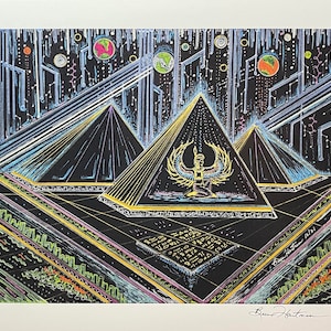 May include: A colorful, stylized print featuring three pyramids with a central figure and winged design. The artwork uses neon colors against a black background, with celestial elements and geometric patterns. Signed by Bruce Hartman.