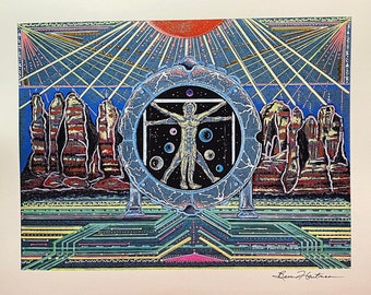 Sedona Light Language Art Activation Drawing Vitruvian Man Signed Print 11 x 14 Light Codes Spiritual Awakening Stargate
