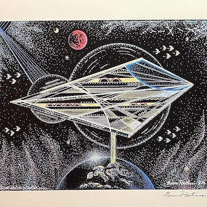 May include: A vibrant space-themed art print. A geometric spacecraft is set against a black backdrop dotted with stars, planets, and cosmic elements. The artwork uses detailed linework and has a retro style.