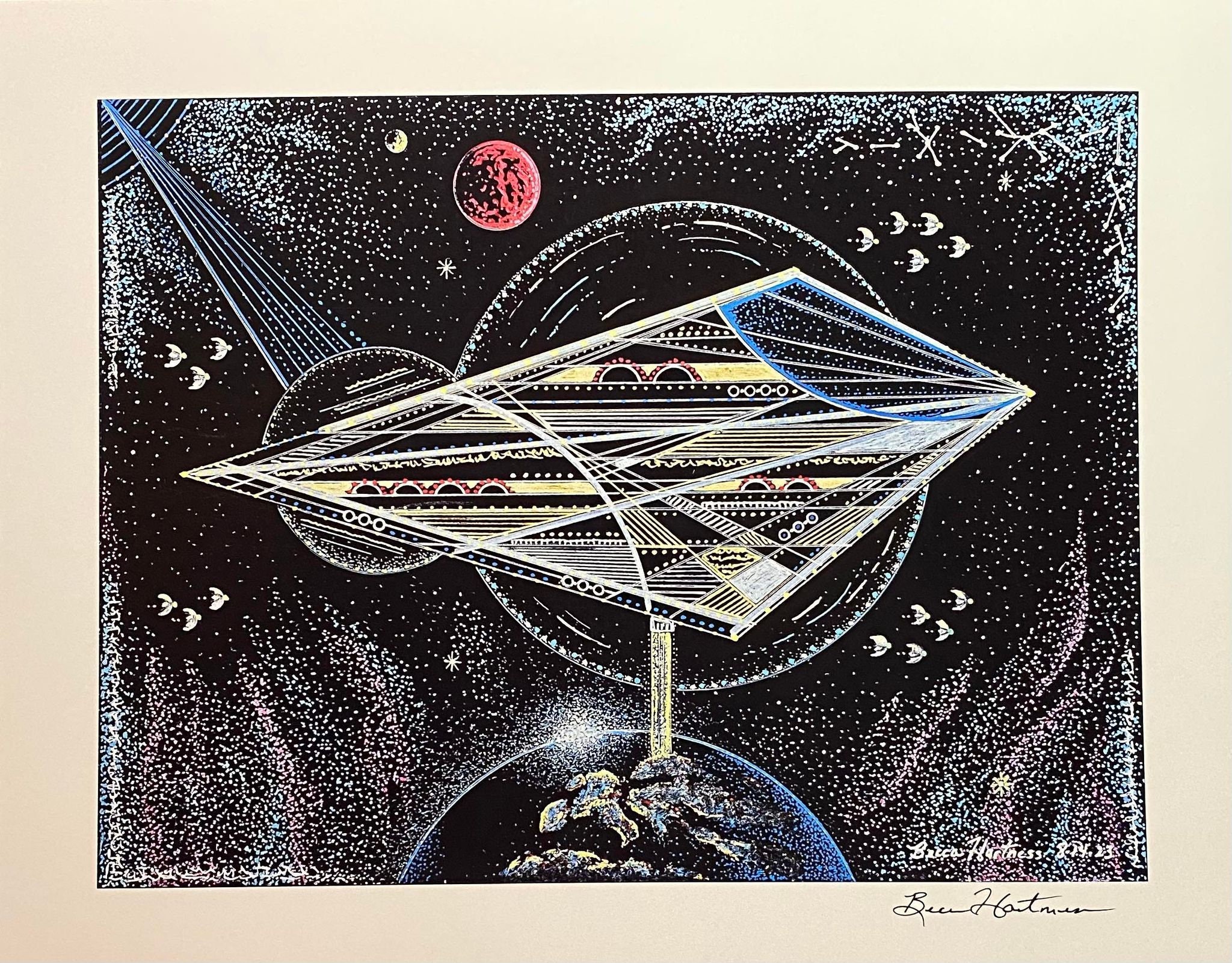 Arcturian Mothership Spaceship Drawing Light Language Art Signed