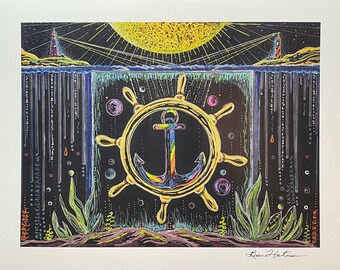Light House Water World Drawing Captain’s Wheel Nautical Light Language Art Signed Print 11 x 14 Light Codes Starseed Awakening