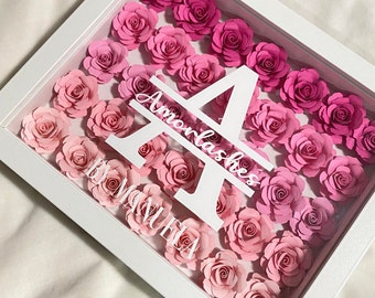 May include: A white shadow box with a gradient of pink paper roses. The letters "A" and "A" are in the center of the box with the text "Amorlashes" and "Emanuela" below the letters.