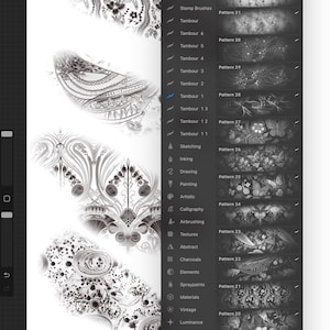May include: A screenshot of a digital art program showing a brush library with a variety of brush types and patterns. The brush library is on the right side of the screen and the left side shows a black and white image of a floral design.