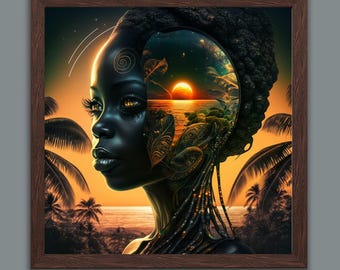 Afrocentric Woman Paradise Sunset Art Print – Cultural Expression (Digital Download)