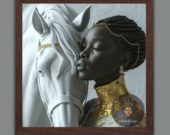 Stampa digitale fantasy con donna e cavallo bianco con accenti dorati