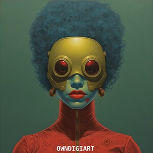 Digital Download Art: Fantasy Futuristic Woman with Blue Hair, Gold Goggle Mask - Instant Download - Comic Art - Wall art - cyberpunk