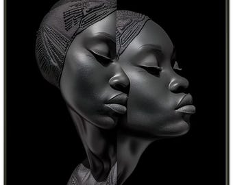 May include: A black and white digital art print featuring a split portrait of a person with closed eyes. The person is wearing a head covering with a textured design. The artwork is set against a black background.