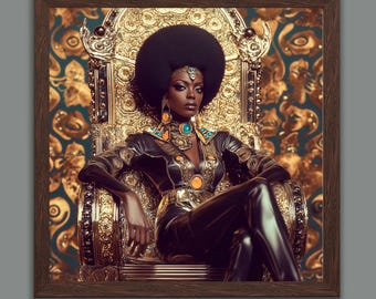 Afrofuturism Black Woman Art Print: Golden Regal Dreamscape (Digital Download)