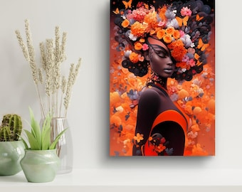 Digital Download Floral Black Woman Art Botanical Portrait Print Melanin Decor Boho Poster