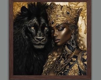 Digital Download Black Queen and Lion Art Print Afrocentric Wall Decor Majestic Poster