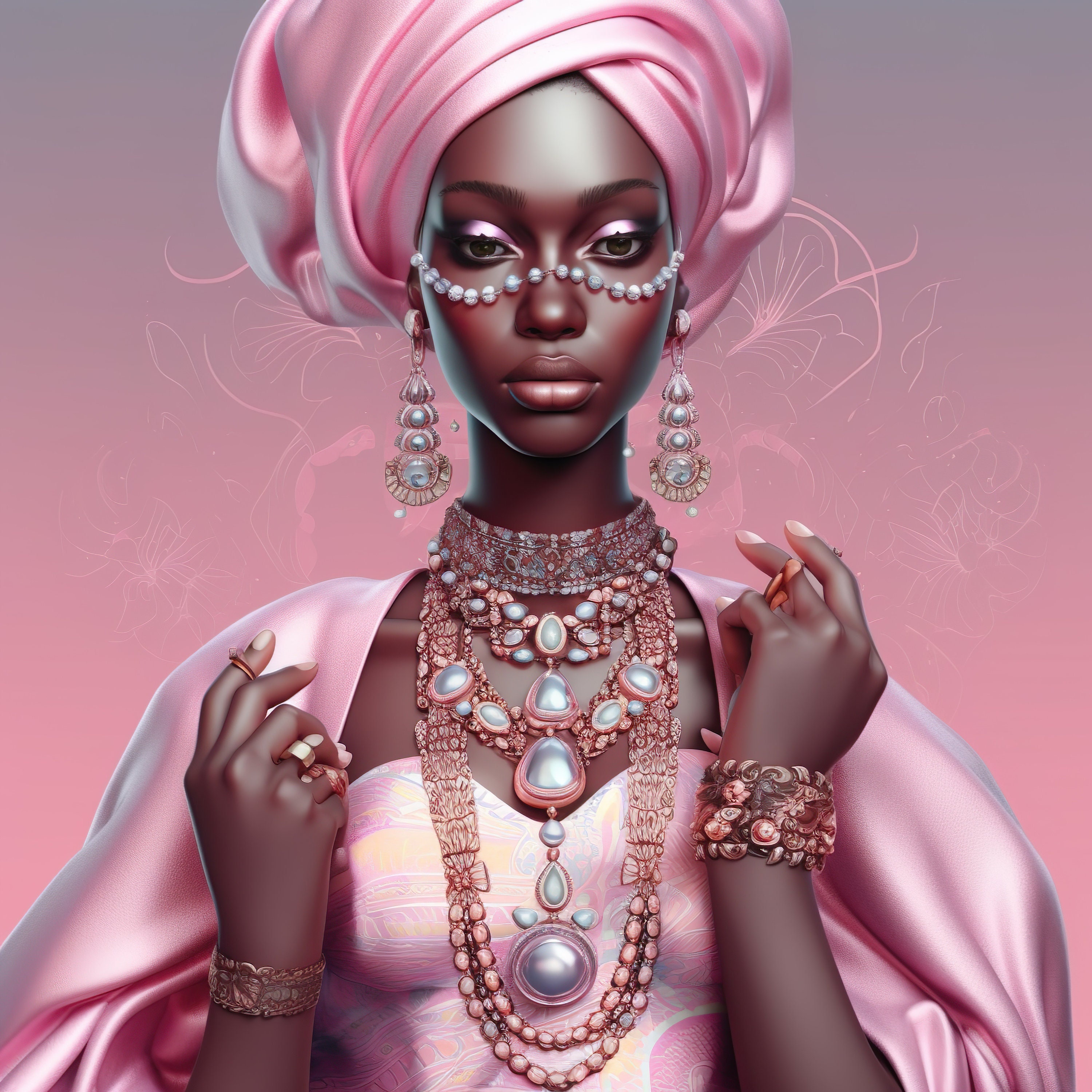 Beautiful Black Woman in Pink Attire With Pearl Jewels Instant Download