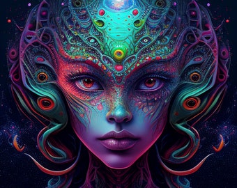 Psychedelic Purple Alien Women Portrait Ai Art digital download Alien  art Colourful Wall Art