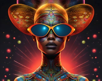 Psychedelic Female Alien with Sunglasses Digital Download - Perfect for T-Shirts - Alien Art - Ai Art - Instant Download - Wall art