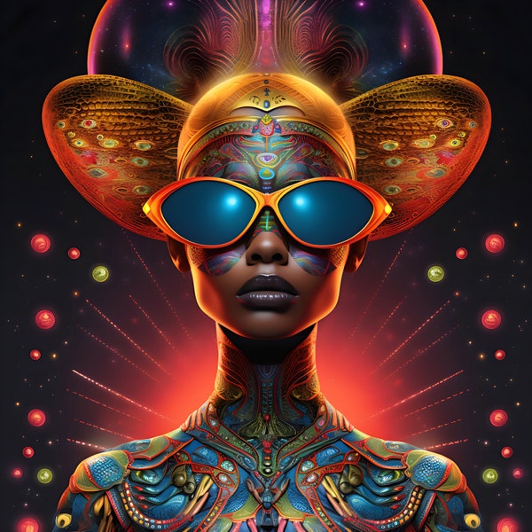 Psychedelic Female Alien with Sunglasses Digital Download - Perfect for T-Shirts - Alien Art - Ai Art - Instant Download - Wall art