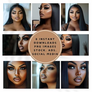 May include: A collage of eight images featuring a woman with dark skin and long black hair. She is wearing heavy eye makeup with dark eyeshadow and long eyelashes. The images are arranged in a grid pattern with a circle in the center that says "8 Instant Downloads PNG Images Stock, Ads, Social Media".