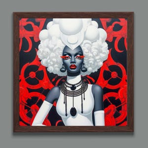 May include: A framed portrait of a woman with dark skin, red lips, and red eye makeup. She wears a white dress, white gloves, and a large white afro. The background is black with red decorative elements, and she wears black jewelry.